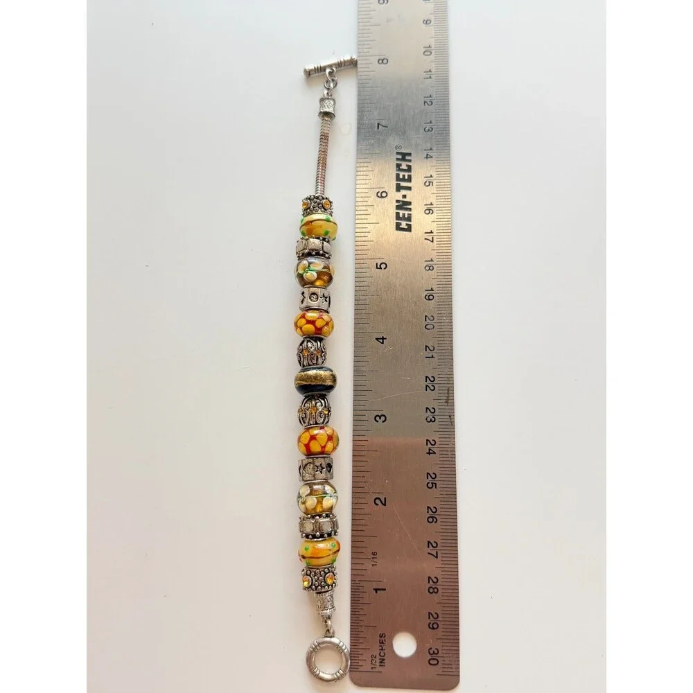Artisan Murano Style Lampwork Glass & Silver Tone European Charm Toggle Bracelet